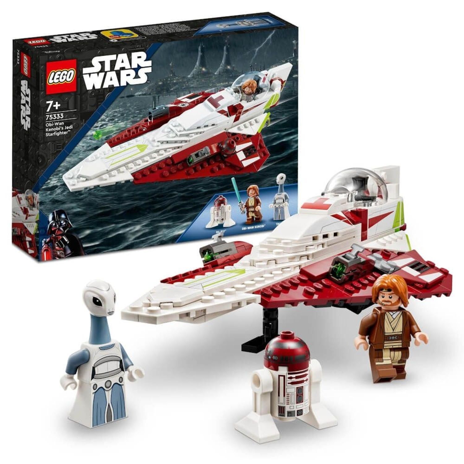 LEGO Star Wars 75333 Jedi Starfighter. Caccia spaziale rossa, bianca e verde con minifigure di Obi-Wan Kenobi e personaggi. Confezione.