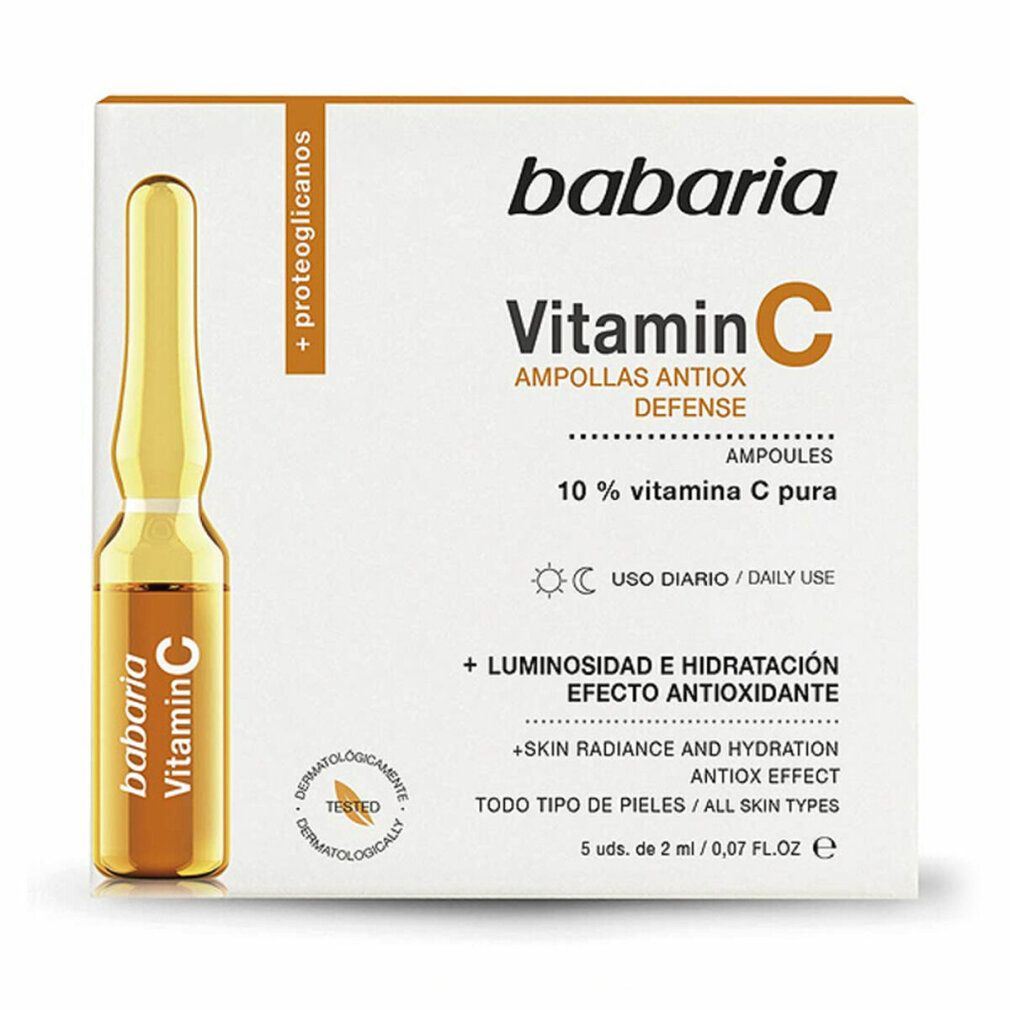Confezione di fiale Babaria alla vitamina C. Contiene una fiala e una scatola con informazioni sul prodotto. Dermatologicamente testato.