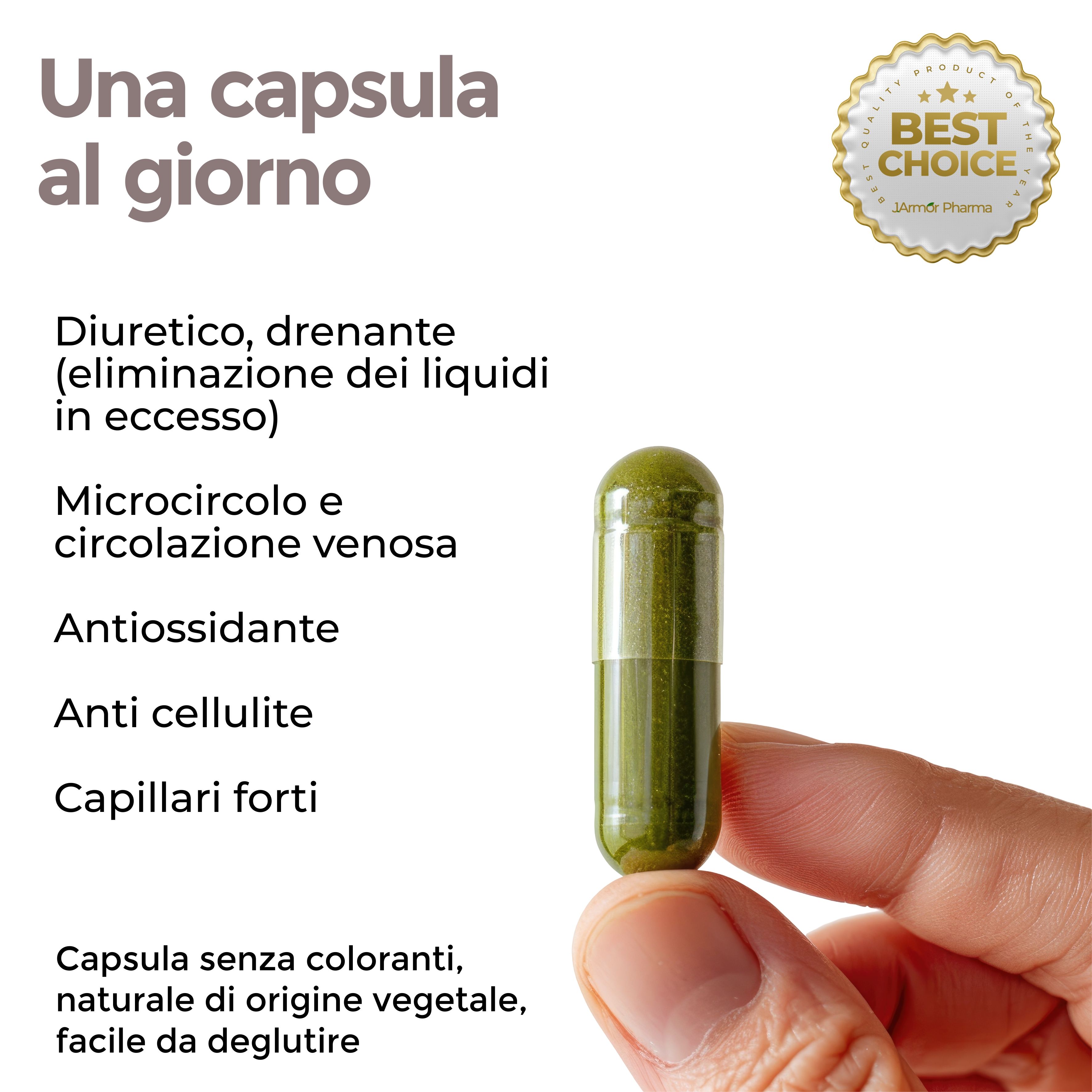 Capsula verde in mano. Testo: Diuretico, drenante, microcircolo, antiossidante, anticellulite, capillari forti. Senza coloranti.