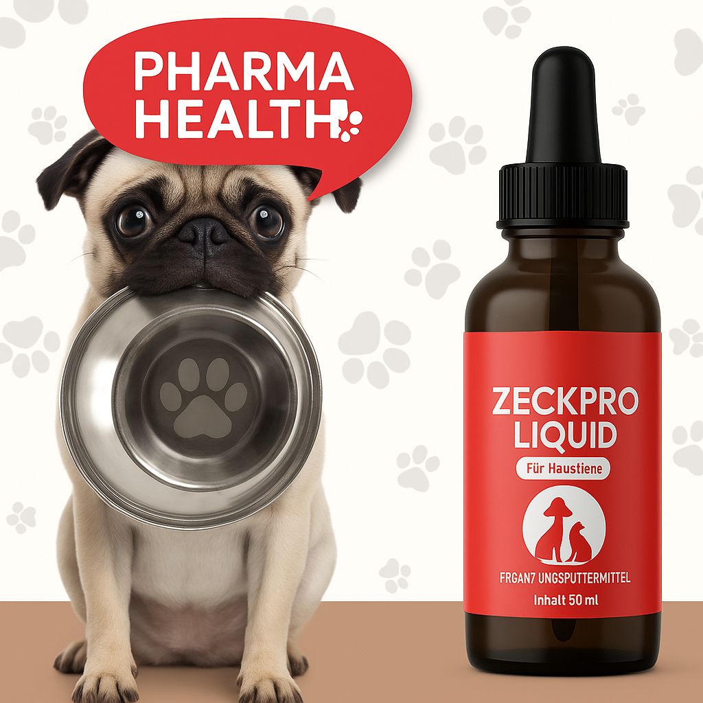 Flacone marrone con tappo nero e pipetta. Etichetta rossa con testo e logo. Carlino con ciotola.