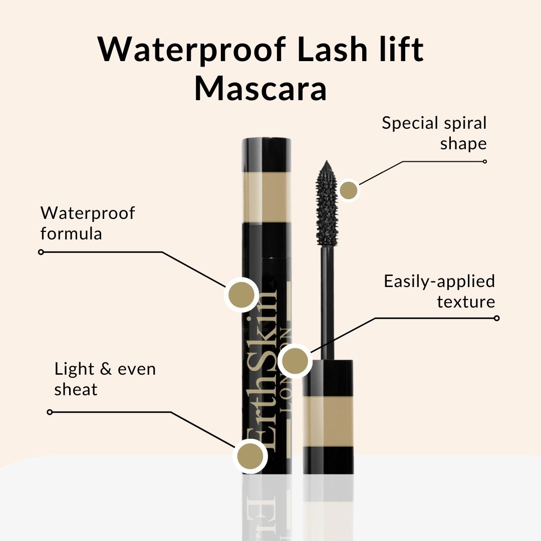 Mascara con pennello, etichettato 'ErthSkin LONDON', 'Waterproof formula', 'Light & even sheat'.