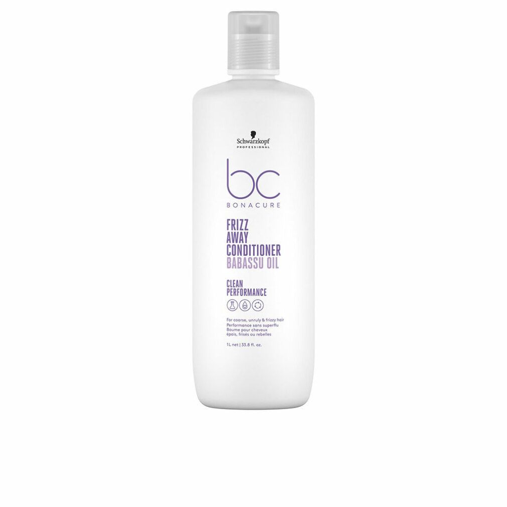 Flacone di balsamo. Scritta: Schwarzkopf Bonacure, Frizz Away Conditioner Babassu Oil. Bottiglia bianca, testo viola.