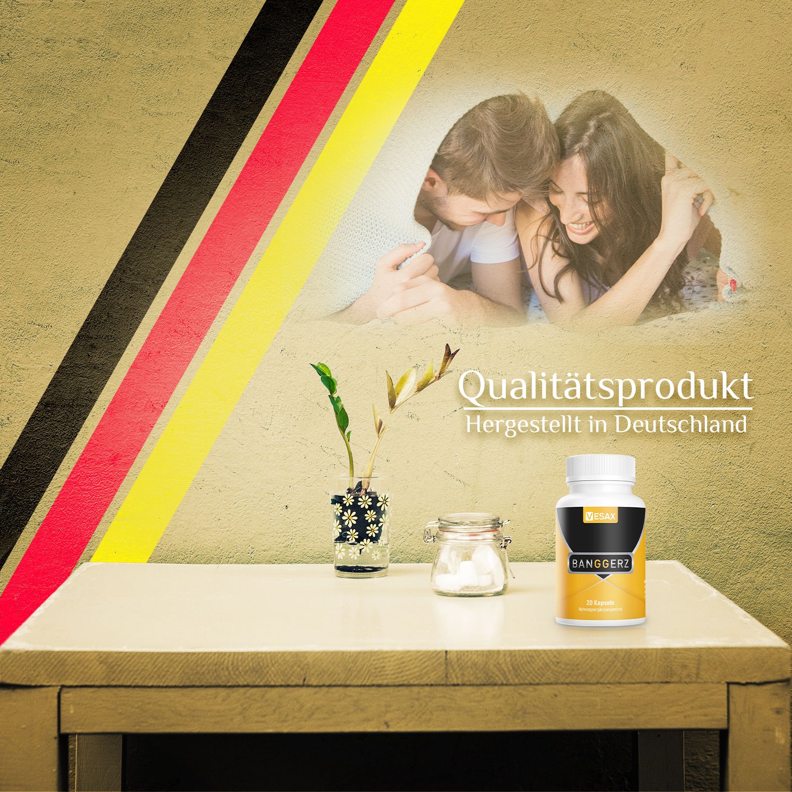 Flacone di capsule. Scritta: BANGGERZ. Testo: Prodotto di qualità, Prodotto in Germania. Su un tavolo.