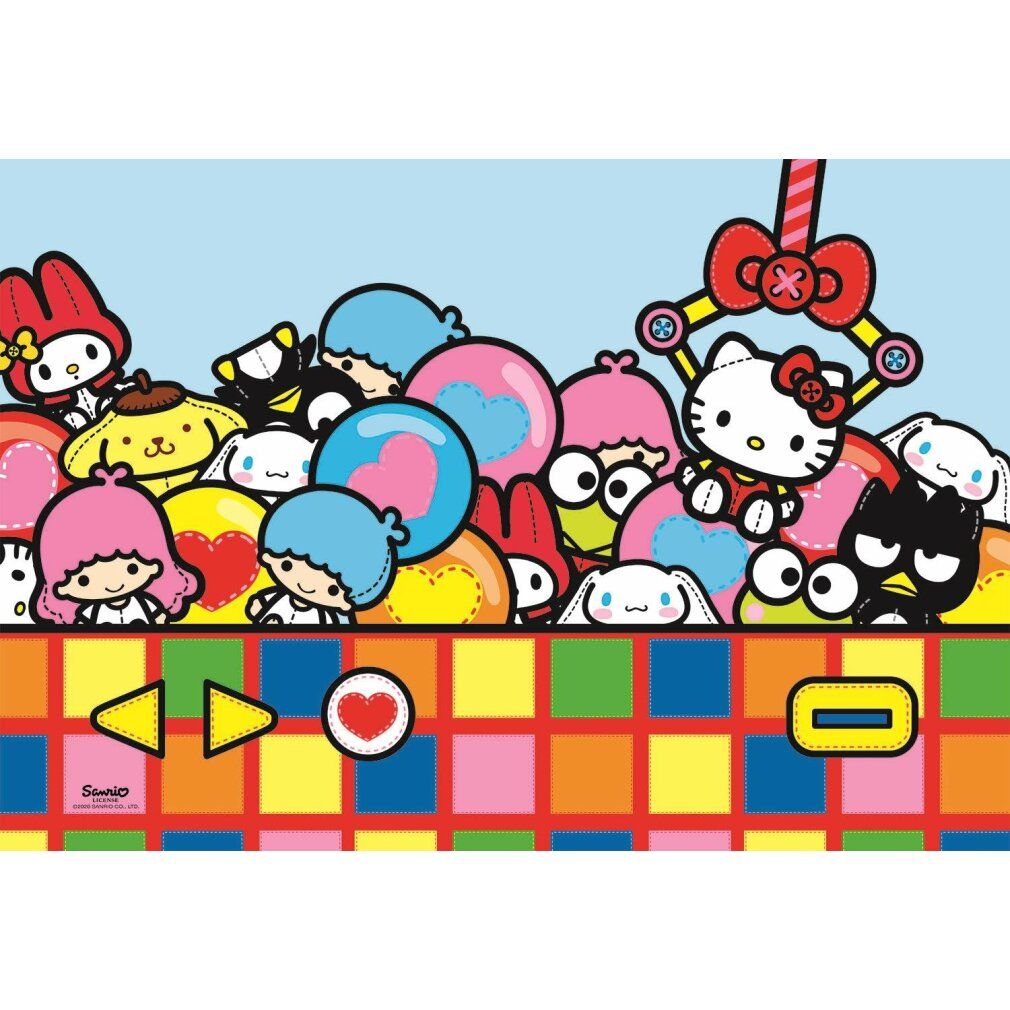 Motivo puzzle con Hello Kitty e personaggi Sanrio. Scena colorata con personaggi e un braccio meccanico. Sfondo blu. Pezzi puzzle multicolore.