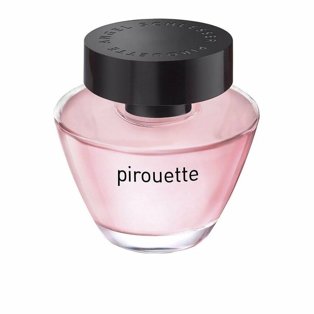 Flacone di profumo, liquido rosa, tappo nero, scritta "pirouette".