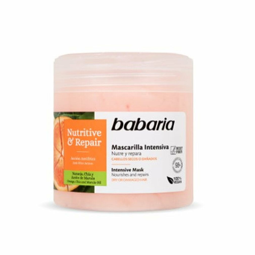 Vasetto rosa con etichetta bianca. Scritta: Babaria, Nutritive & Repair, Intensive Mask, Nutre e ripara.