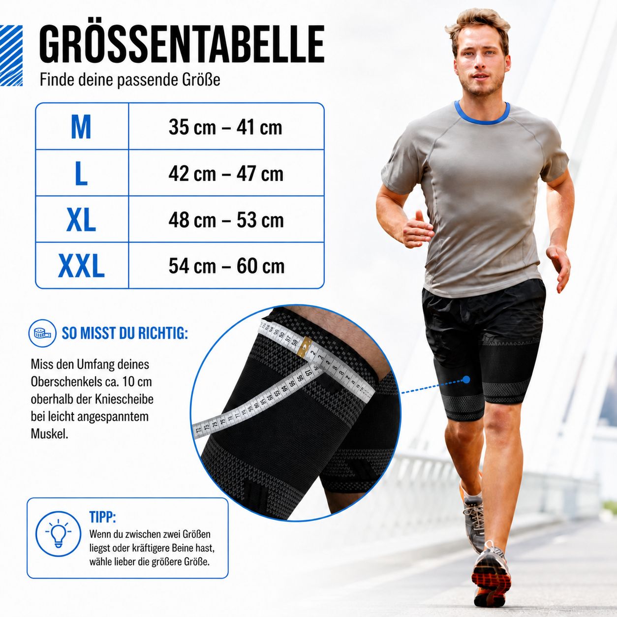 Bendaggio per coscia sulla gamba di un uomo. Taglie: M (35-41 cm), L (42-47 cm), XL (48-53 cm), XXL (54-60 cm).