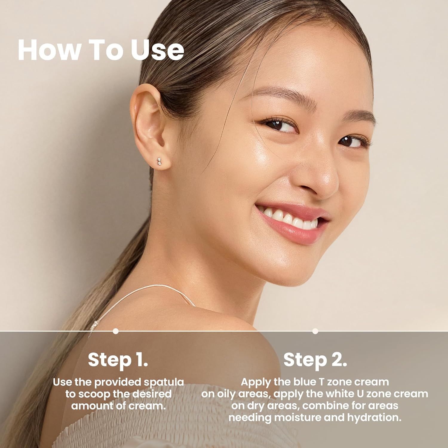 Volto di donna con istruzioni. Passo 1: Spatola. Passo 2: Applicare la crema.
