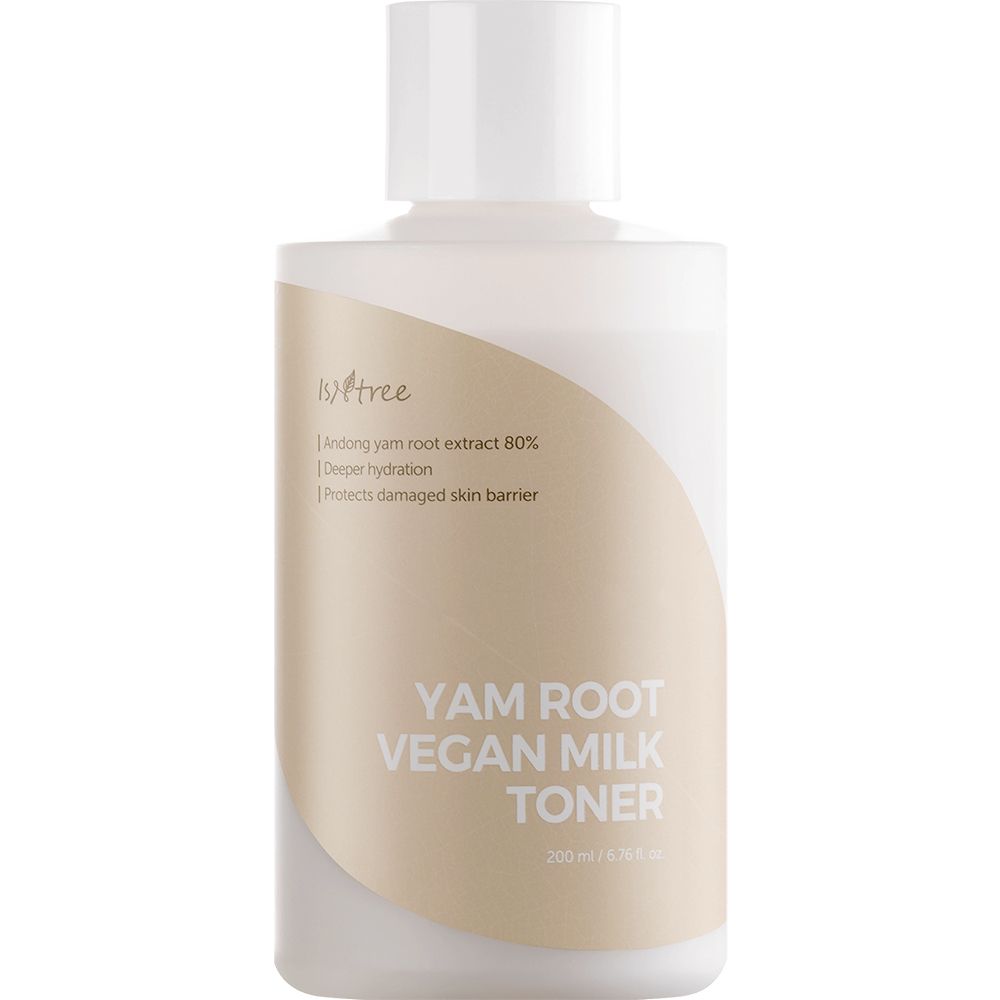 Flacone bianco con tappo bianco. Scritta: YAM ROOT VEGAN MILK TONER. Stampa beige. 200 ml / 6.76 fl.oz.