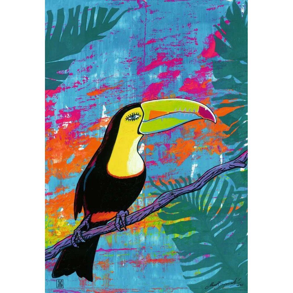 Illustrazione di un tucano colorato su un ramo, su sfondo astratto. Foglie sullo sfondo.