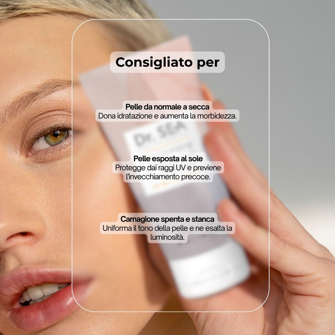 Tubo di crema con testo. Scritta: Dr. SEA, Moisturising & Protective Face Cream SPF30+. Con limone e testo.