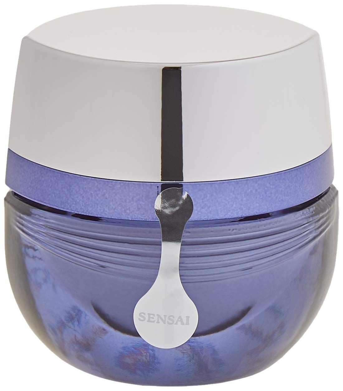 Vasetto blu con coperchio argentato e sigillo. Scritta: SENSAI.