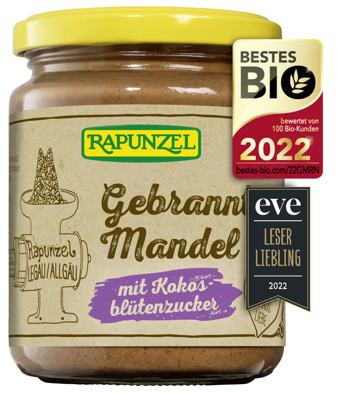 Crema Rapunzel Mandorle Caramellate con Zucchero di Fiori di Cocco in vasetto, con sigilli Bio.