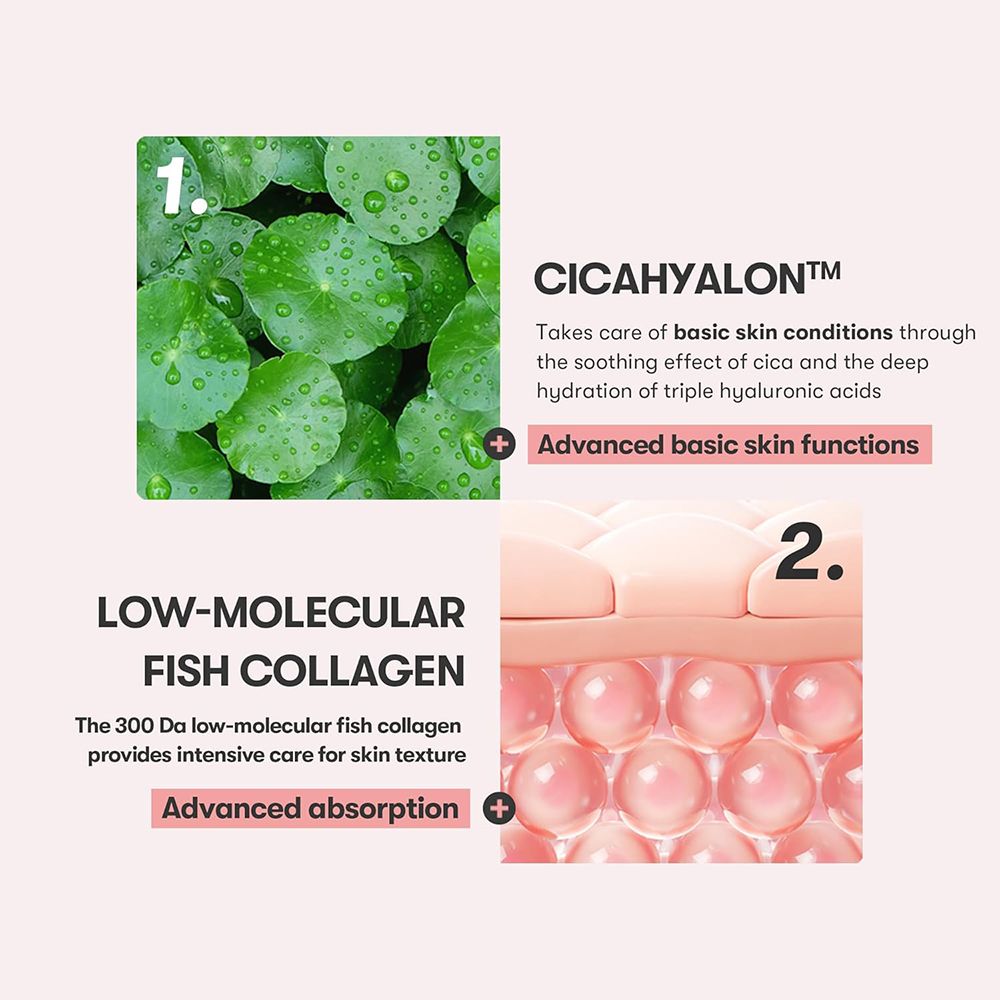 Infografica con ingredienti: Cica, Hyaluron, collagene di pesce, estratto di soia. Testo e diagrammi su sfondo rosa.