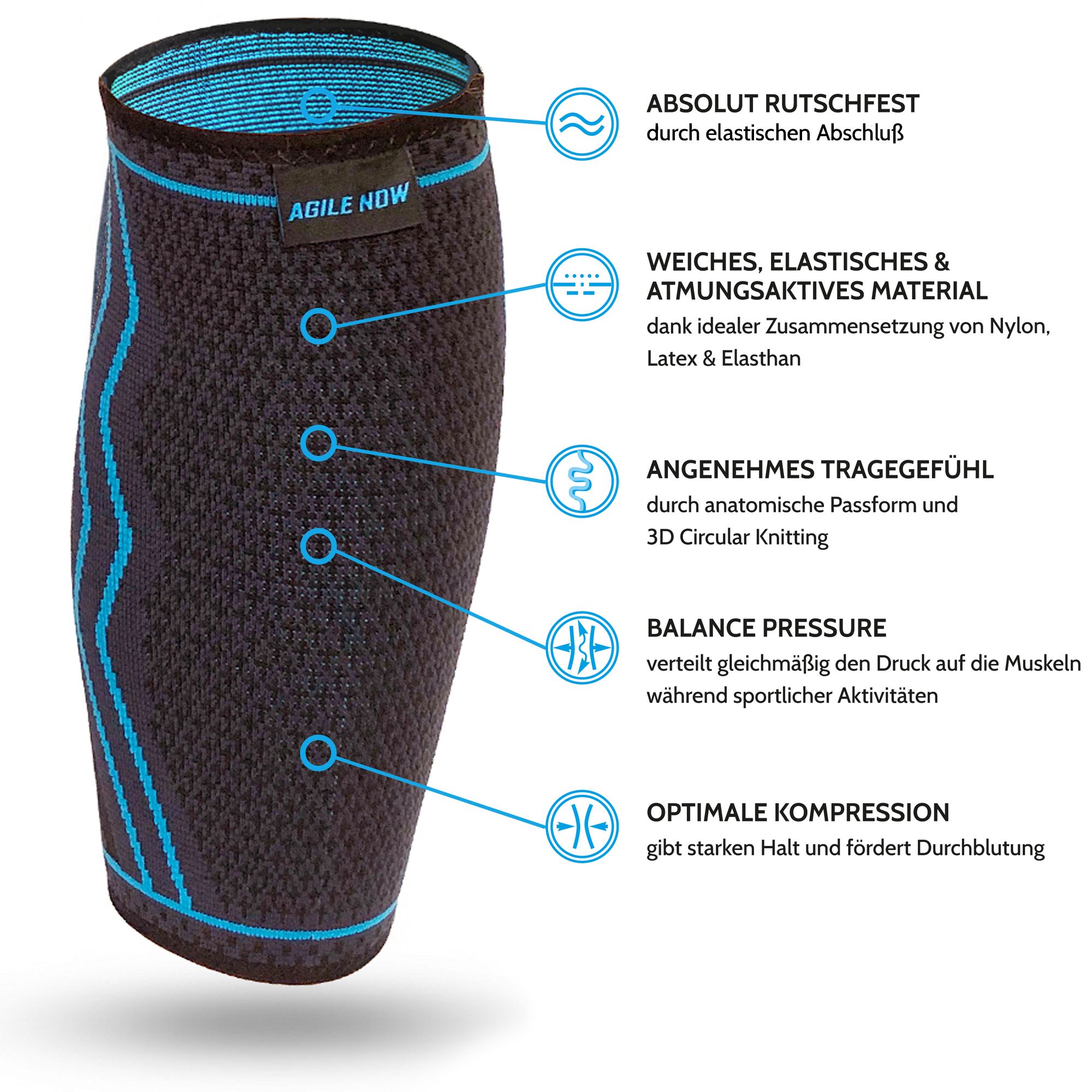 Bendaggio per polpaccio nero con dettagli blu. Vestibilità anatomica, materiale traspirante. Nylon, lattice ed elastan. Compressione ottimale.