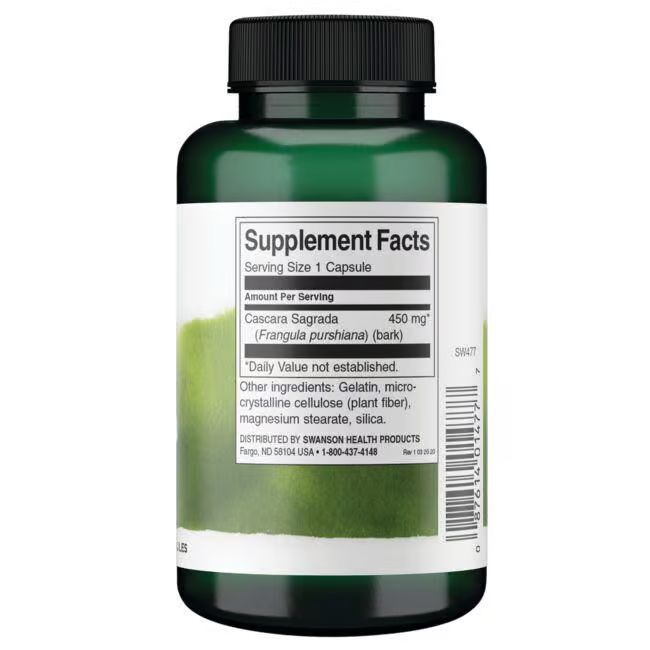 Retro di una bottiglia verde. Etichetta bianca con informazioni nutrizionali. Cascara Sagrada, 450 mg per capsula.