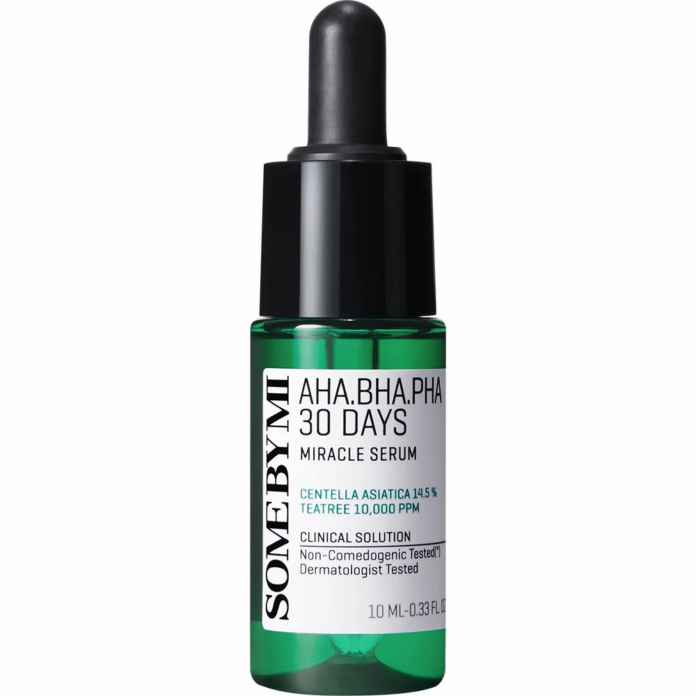 Piccola bottiglia verde con tappo nero e pipetta. Testo: AHA.BHA.PHA 30 Days Miracle Serum. SOME BY MI. 10 ml.