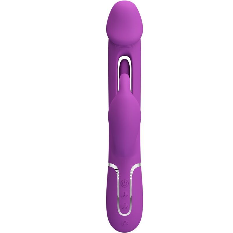 Vibratore coniglio viola, vista frontale con controlli argentati.