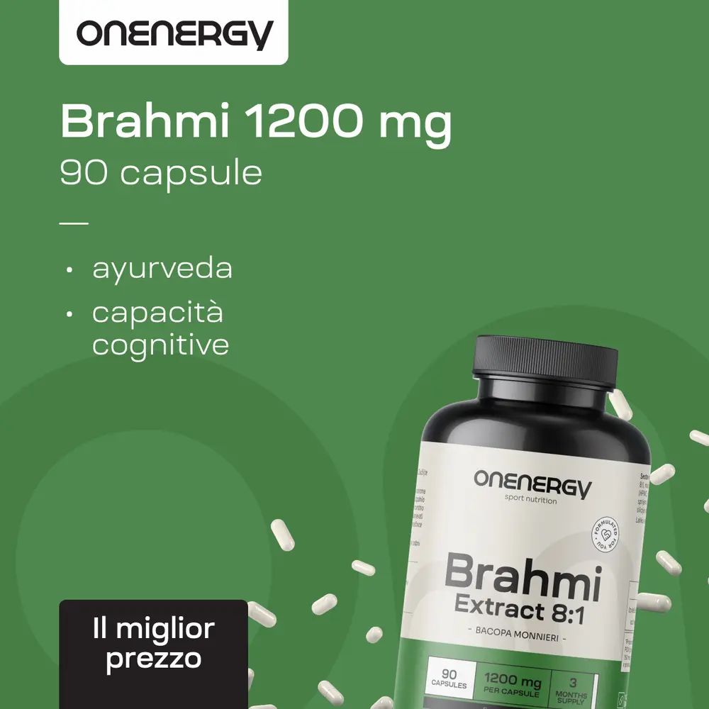 Flacone di capsule. Scritta: Brahmi 1200 mg, 90 capsule. Testo: Ayurveda, capacità cognitive.