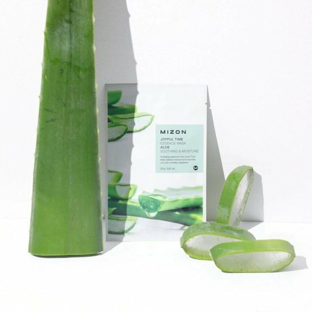 Maschera viso all'aloe vera. Confezione con nome del prodotto e ingredienti. Fette di aloe vera come decorazione.