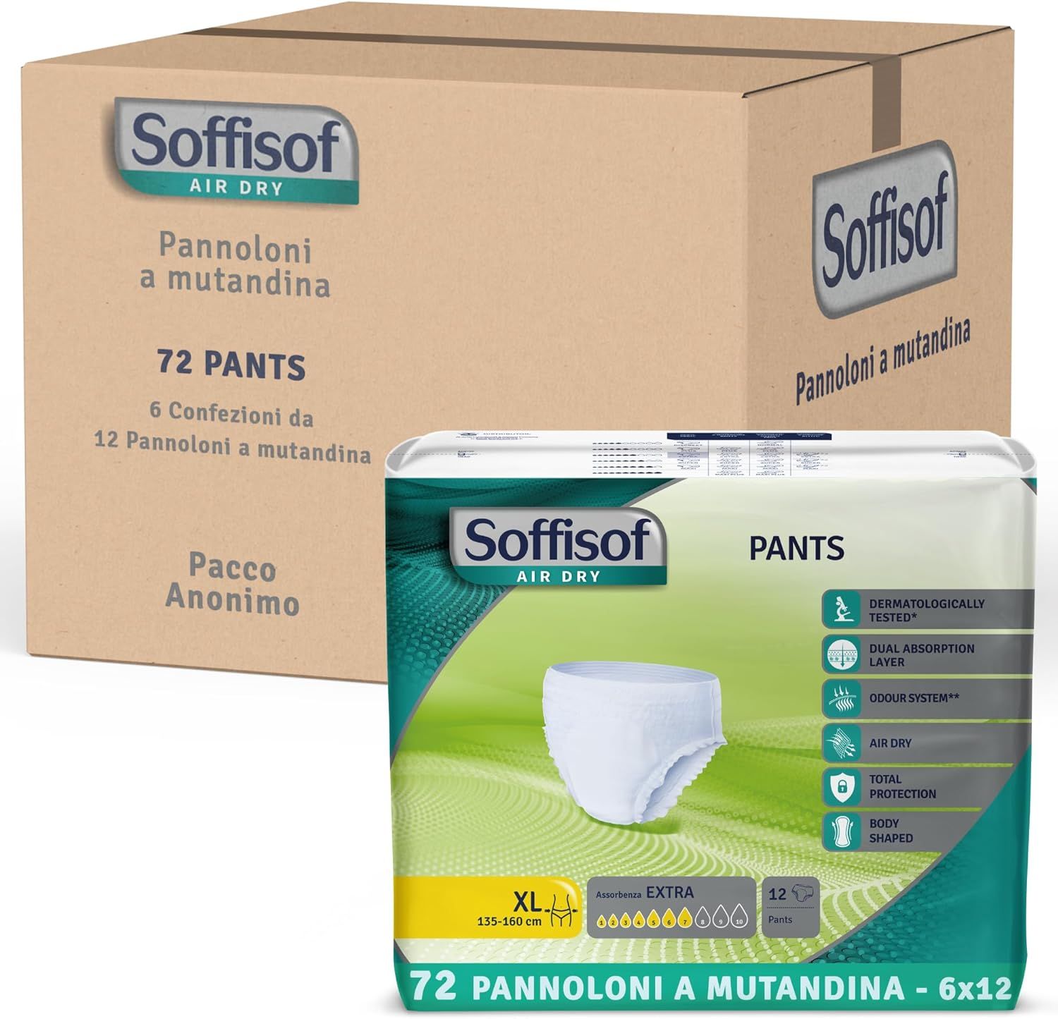 Scatola di Soffisof Pants. Contiene 72 pannoloni in 6 confezioni da 12. Confezione anonima. Confezione XL Pants.