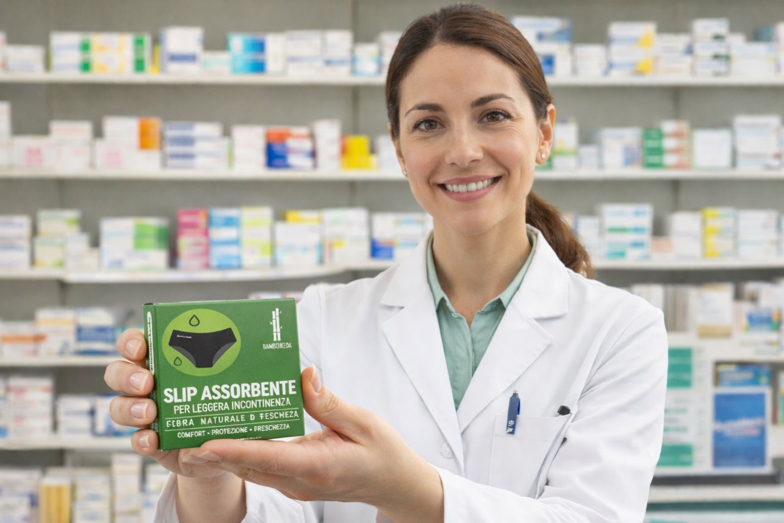 Farmacista tiene in mano una confezione verde Bambookeda.