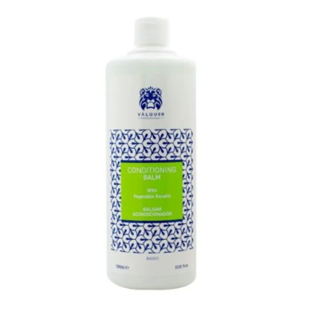 Flacone bianco con motivo blu e bianco ed etichetta verde. Scritta: Conditioning Balm, con Cheratina Vegetale, Balsamo Acondicionador.