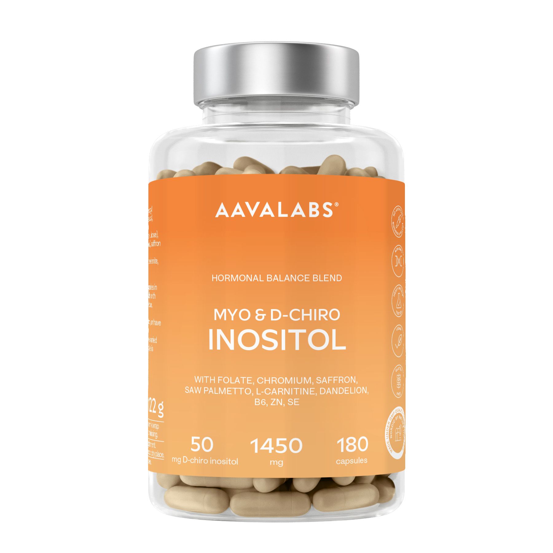 Capsule in flacone trasparente. Scritta: Aavalabs, Myo & D-Chiro Inositol. Contiene B6, Folato, Cromo, Zinco e Selenio.