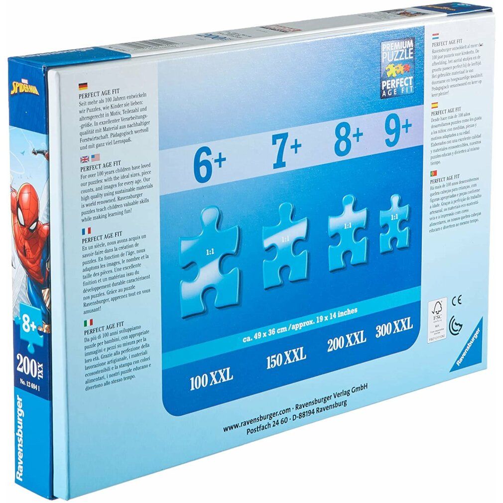 Retro della scatola del puzzle. Mostra le dimensioni dei pezzi del puzzle per diverse età. Contiene informazioni su Ravensburger e certificazioni.