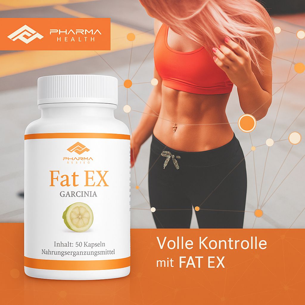 Flacone bianco con capsule. Scritta: Fat EX, Garcinia. Contiene 50 capsule. Logo Pharma Health. Donna con addominali.
