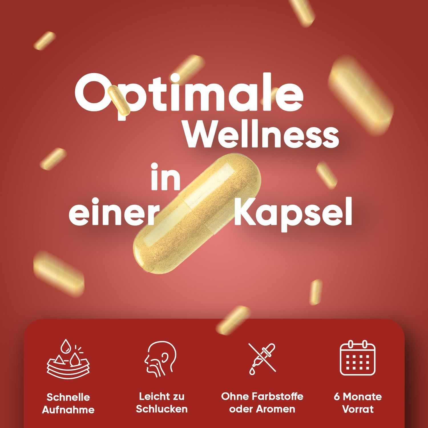 Capsula in aria. Testo: Benessere ottimale in una capsula. Simboli: Assorbimento rapido, facile da deglutire, senza coloranti o aromi, 6 mesi di scorta.