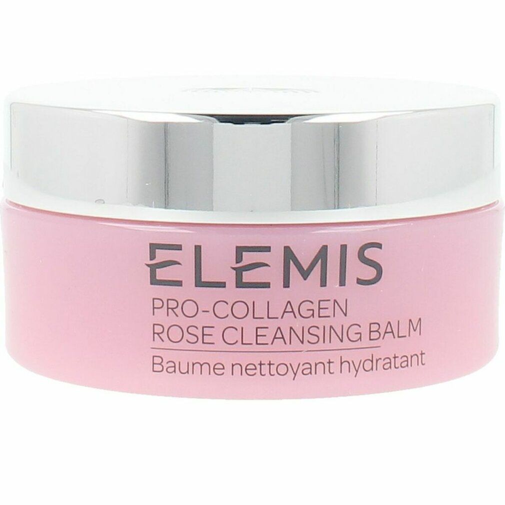 Vasetto rosa con coperchio argentato. Scritta: Elemis Pro-Collagen Rose Cleansing Balm. Testo: Baume nettoyant hydratant.