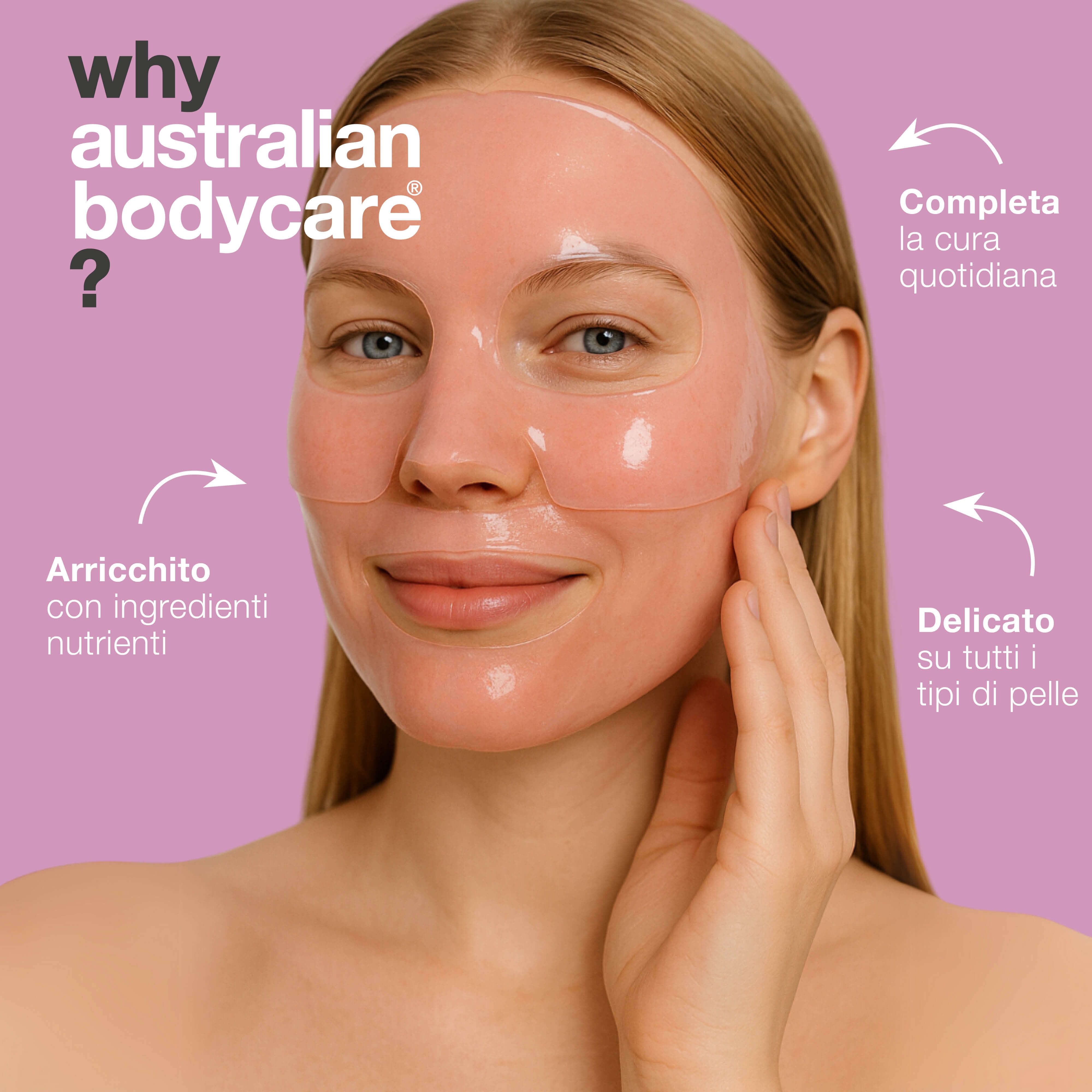 Maschera rosa e testo. Testo: Australian Bodycare, tried + trusted, citazioni, 5 stelle, + 34.000 recensioni.