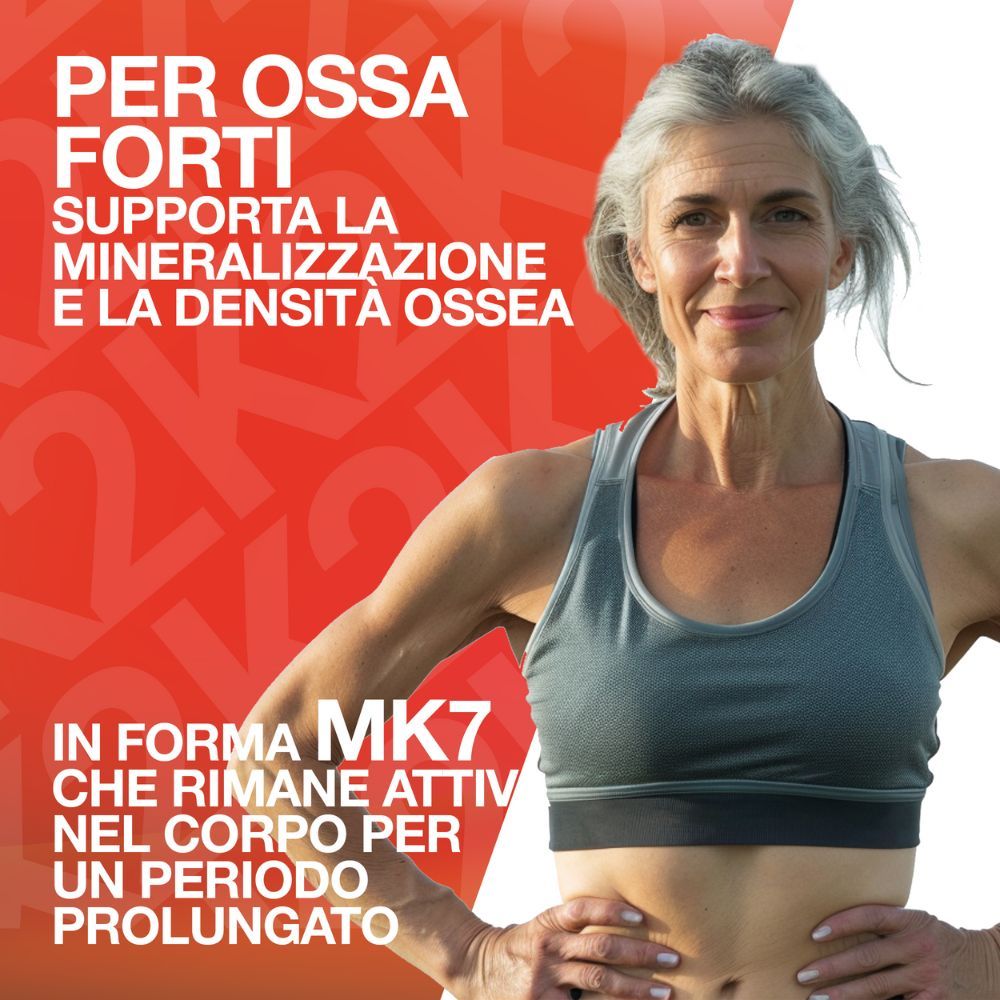 Donna anziana in abbigliamento sportivo. Testo: Per ossa forti. In forma MK7, che rimane attivo a lungo nel corpo.