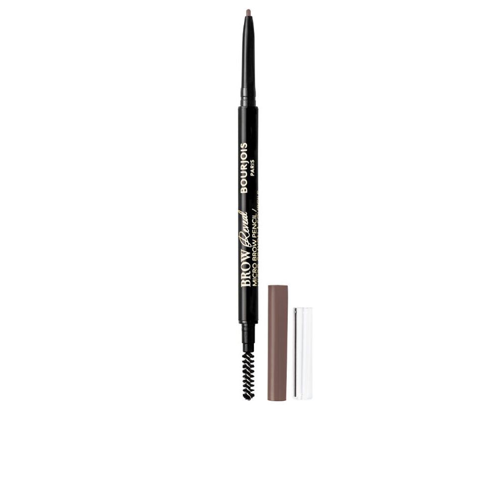 Matita per sopracciglia con spazzola e cappuccio. Penna nera con scritta Bourjois Paris. Nome prodotto: Brow Reveal Micro Brow.