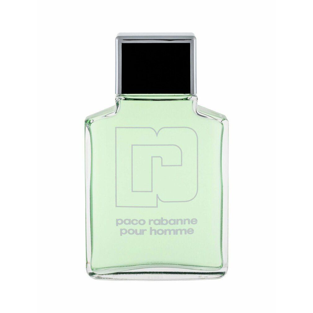 Flacone di vetro verde con tappo nero. Scritta: paco rabanne pour homme. Logo: grande 'P' bianco.