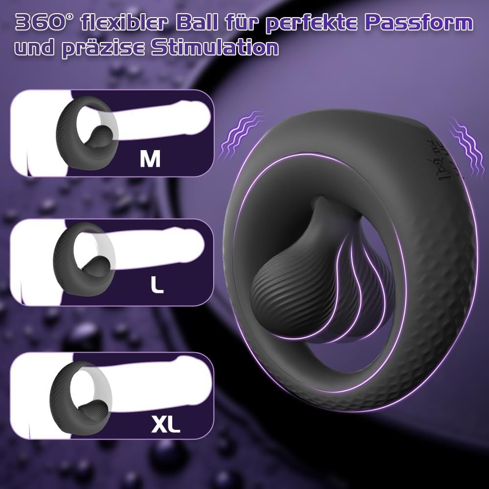 Anello fallico nero con perle, tre taglie: M, L, XL. Sfondo viola con onde. Testo: 360° flexible ball.