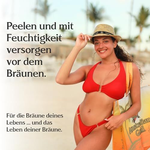 Donna sulla spiaggia con cappello e borsa. Testo: Esfoliare e idratare prima di abbronzarsi. Logo: Australian Gold.