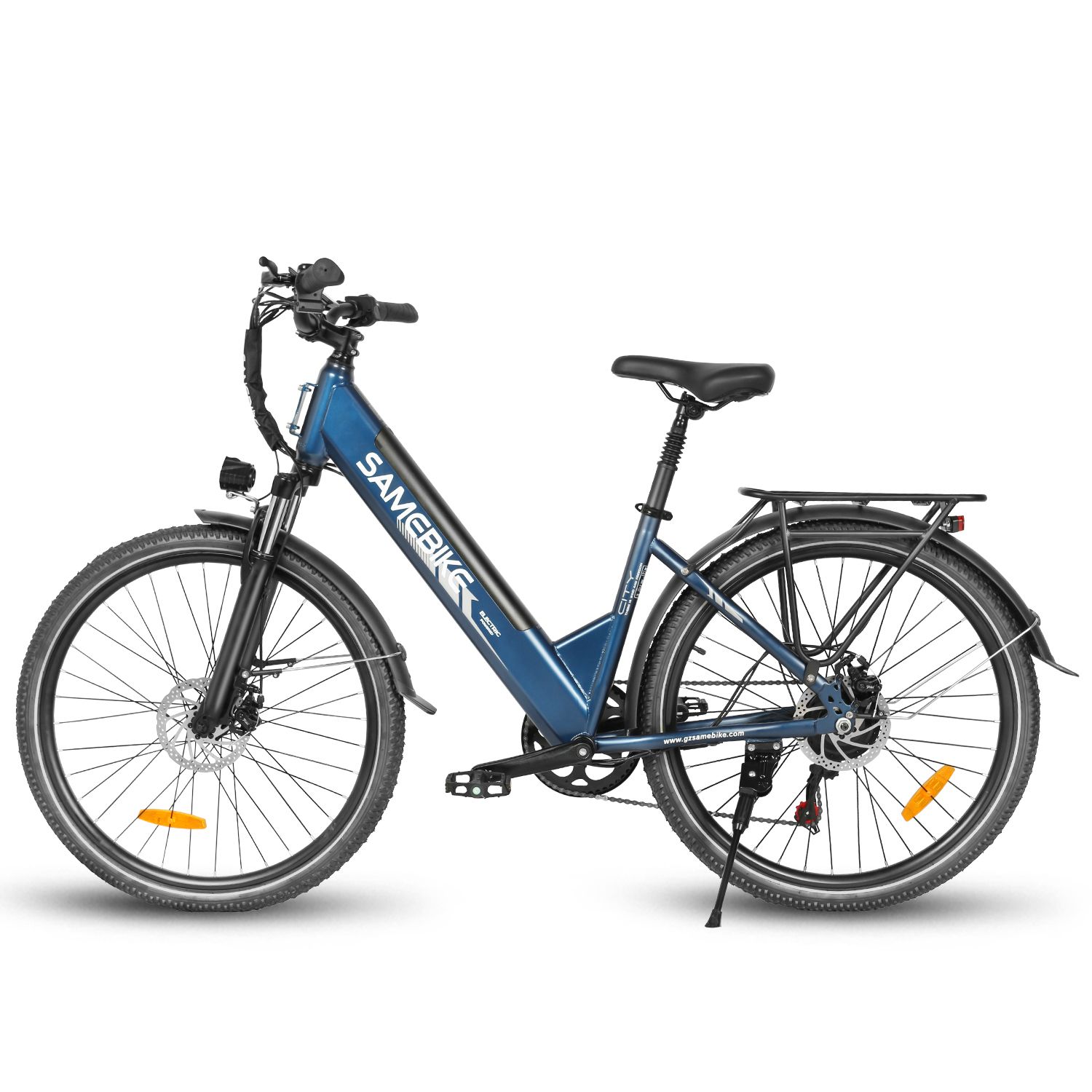 E-bike blu. Marchio SAMEBIKE. Pneumatici neri, parafanghi, portapacchi. Faro e fanale.