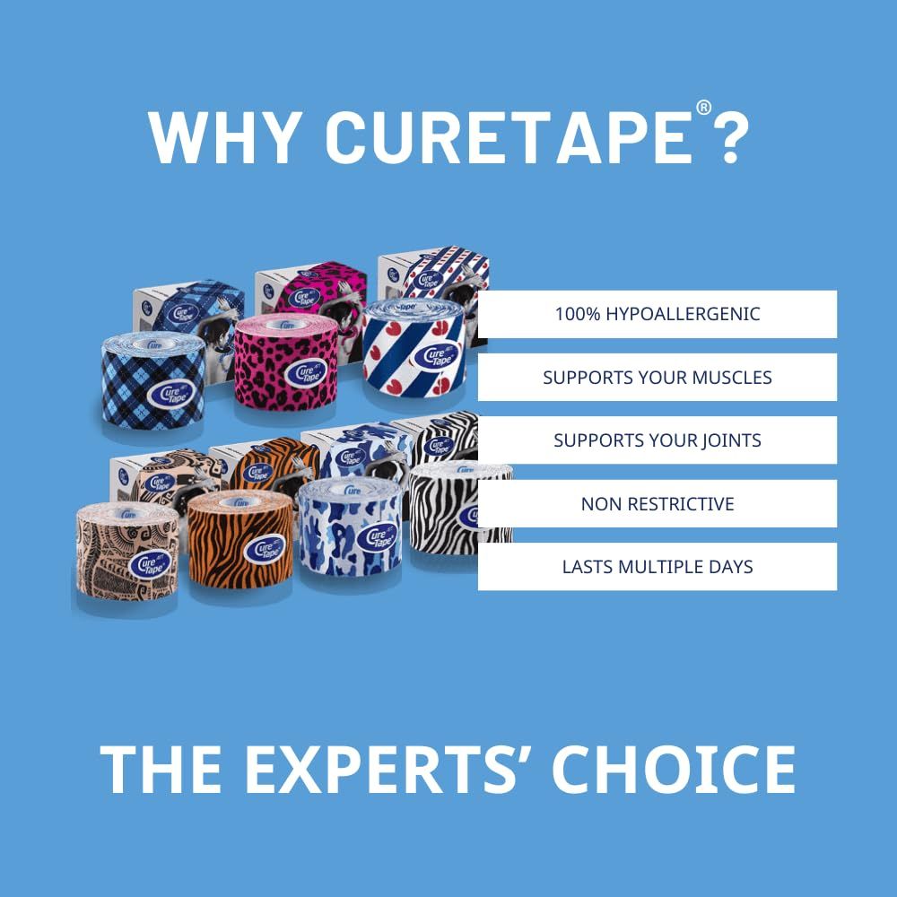 Diversi rotoli di CureTape con diversi motivi. Testo: 100% ipoallergenico, supporta muscoli e articolazioni, non restrittivo.