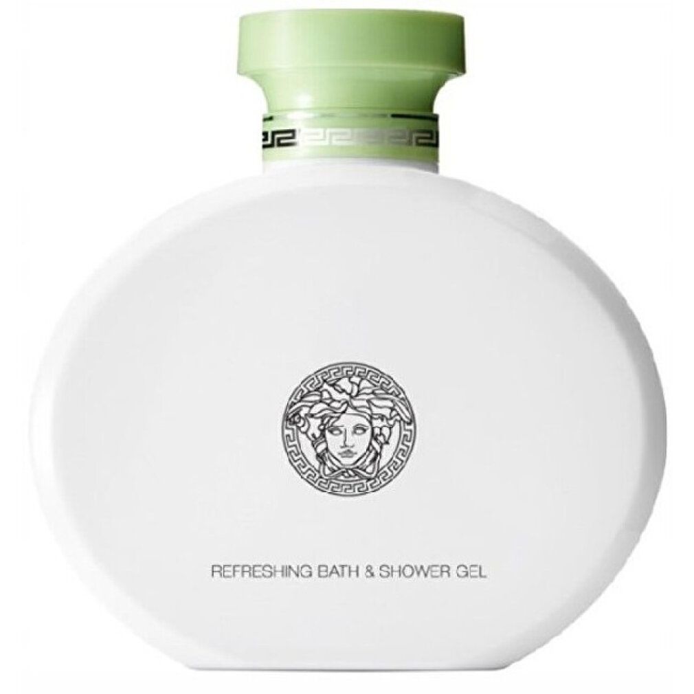 Flacone ovale bianco con tappo verde. Logo Medusa e scritta 'Refreshing Bath & Shower Gel'.