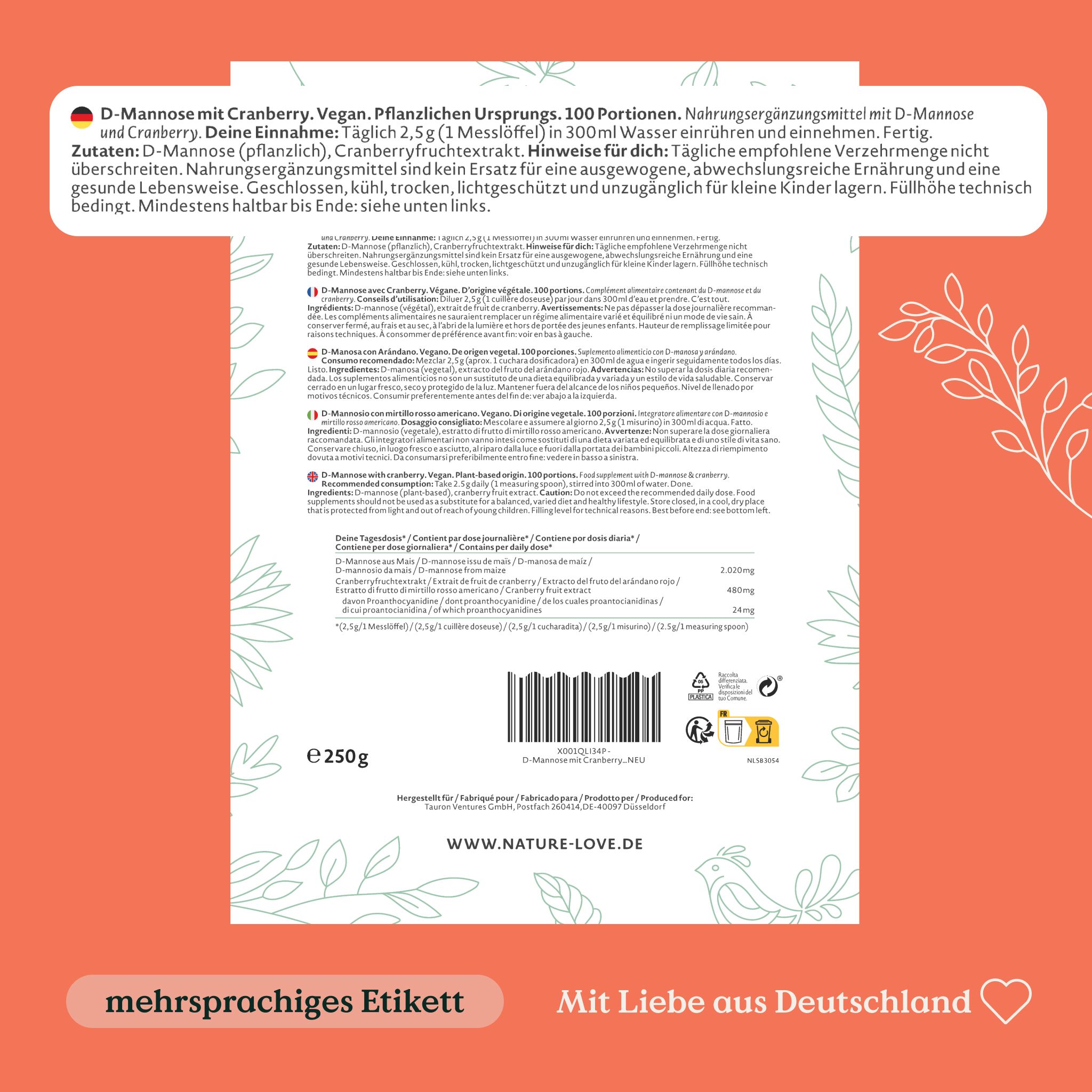 Retro della confezione. Testo multilingue. Contiene informazioni su ingredienti, dosaggio e valori nutrizionali. Fatto con amore in Germania.