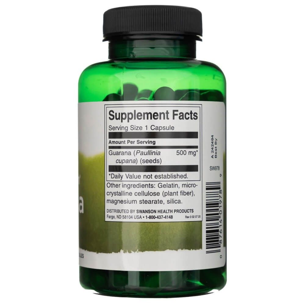 Retro di un barattolo SWANSON Guarana, informazioni nutrizionali, 500 mg di guaranà per capsula.