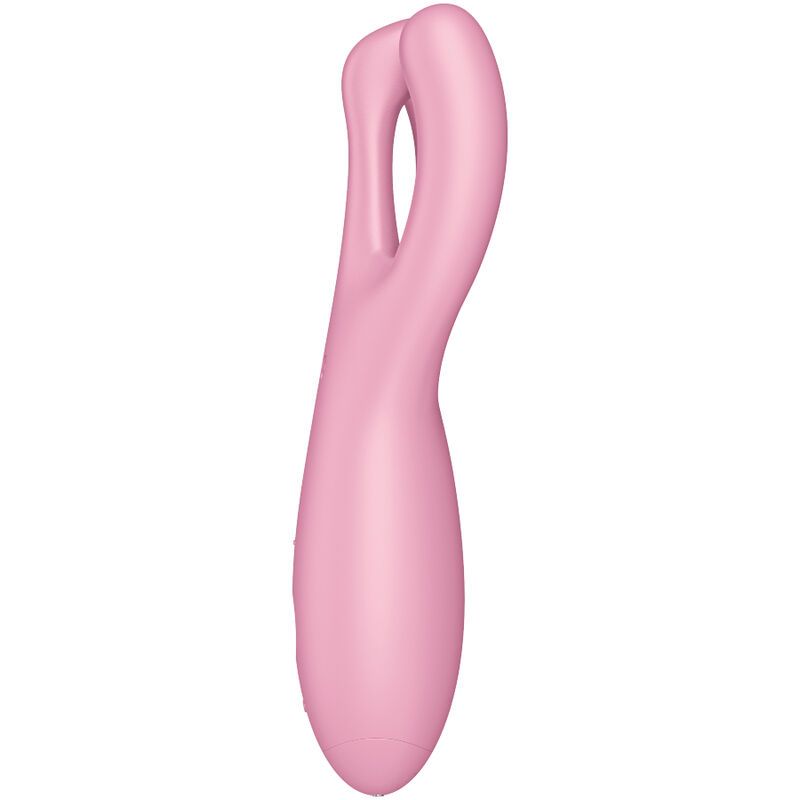 Vibratore rosa con due punte curve. Superficie liscia. Design elegante.