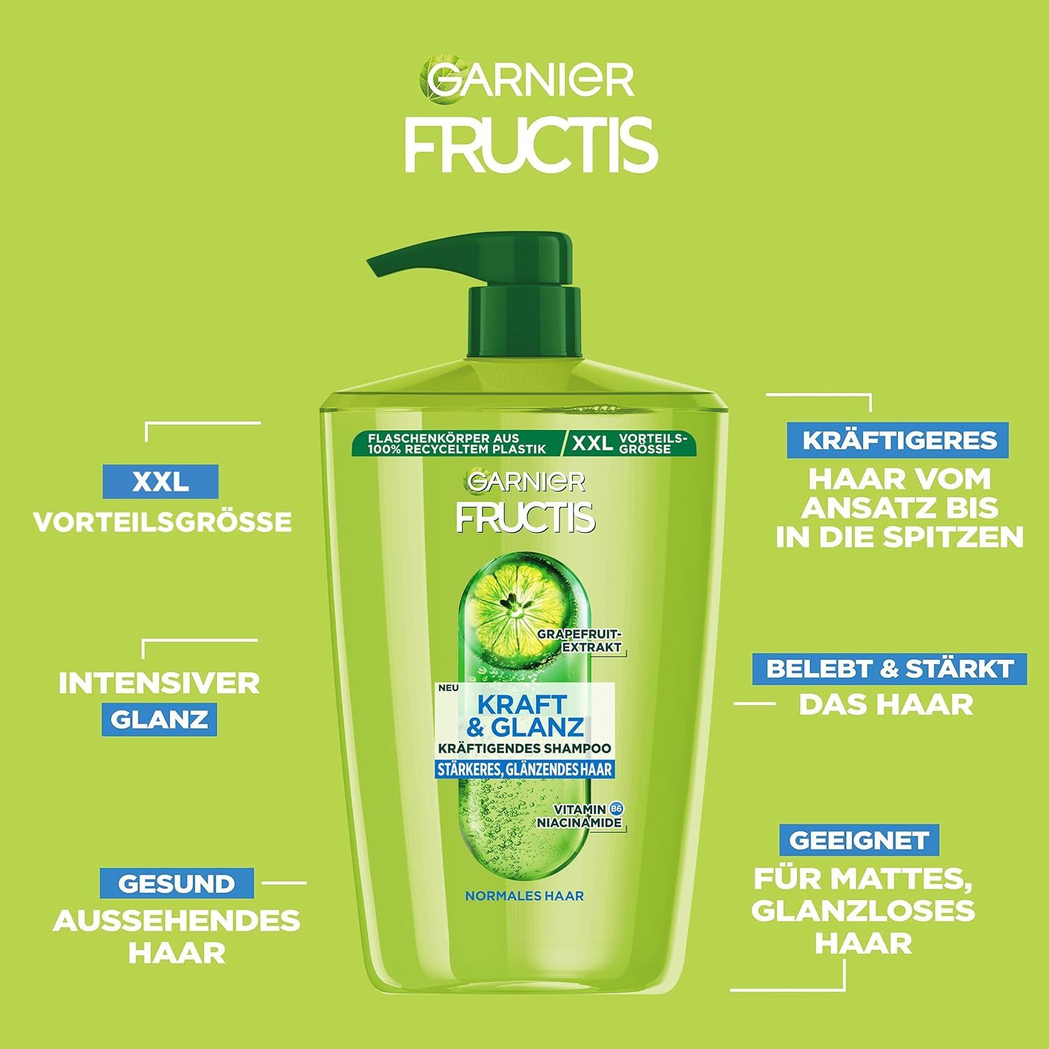 Immagine del prodotto con testo. Garnier Fructis, shampoo Forza & Brillantezza. Testo: Capelli più forti, lucentezza intensa, capelli dall'aspetto sano. Per capelli opachi.