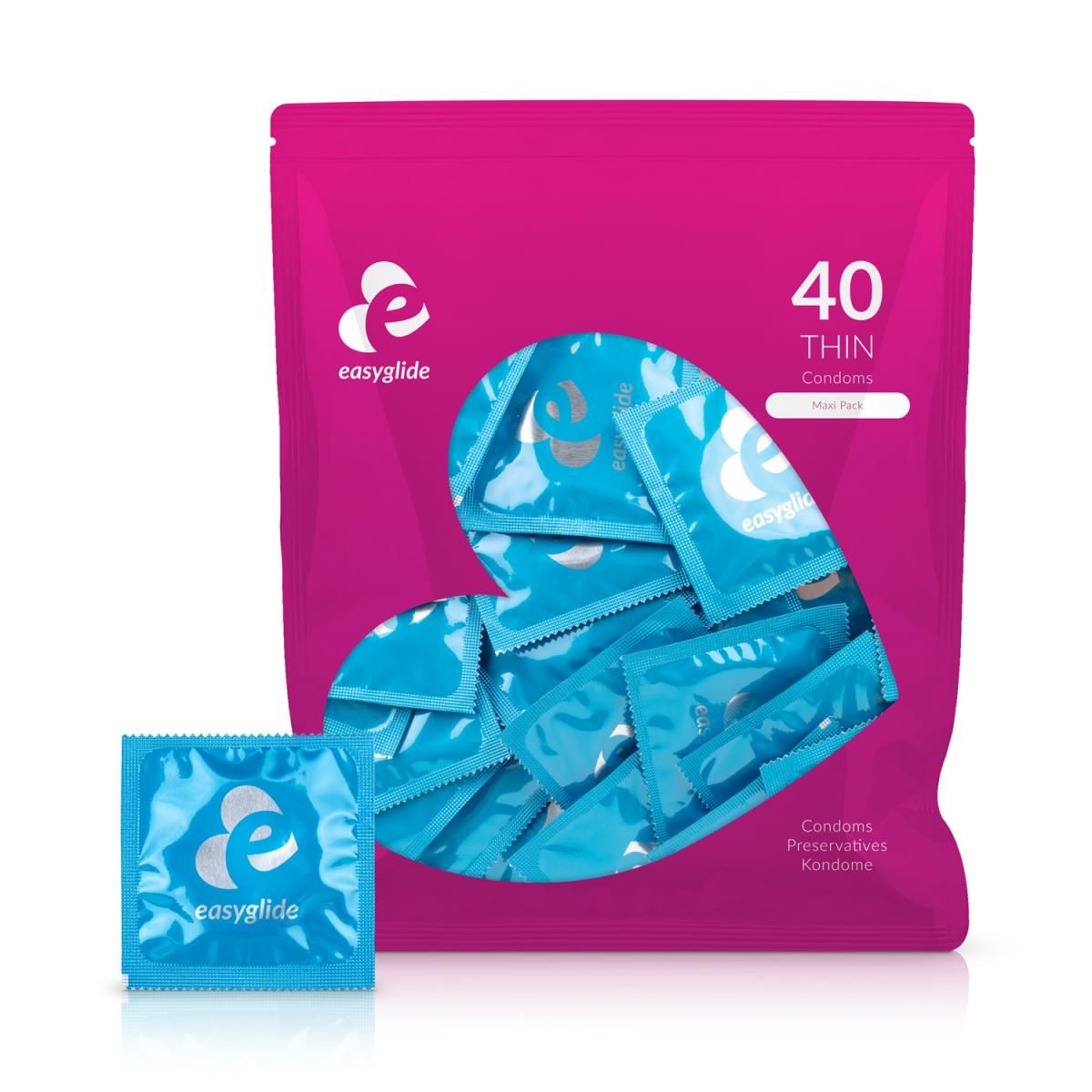 Confezione rosa con 40 preservativi EasyGlide Extra Sottili, una confezione accanto.