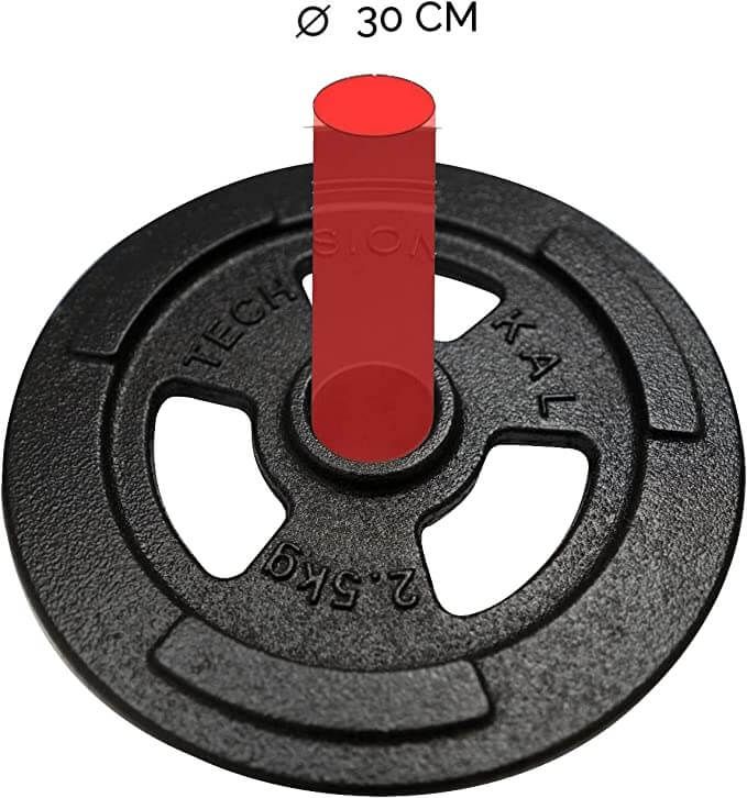 Disco pesi nero con tre maniglie. Diametro 30 cm. Scritte: TECH, KAL, 2.5kg.