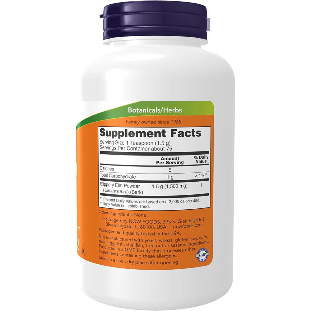 Retro di un contenitore di Now Foods Slippery Elm Powder, che mostra informazioni nutrizionali e ingredienti.