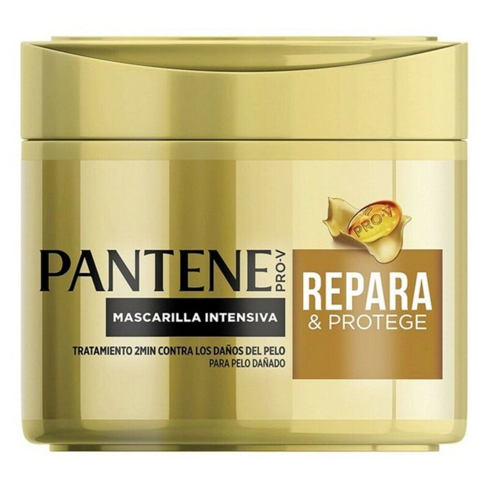 Barattolo dorato Pantene Pro-V REPARA & PROTEGE. Scritta: Mascarilla Intensiva.