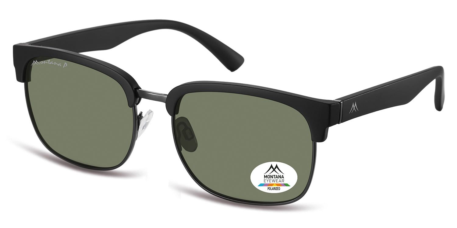 Occhiali da sole con montatura nera e lenti verdi. Logo Montana Eyewear sull'asta e sulla lente. Forma quadrata.